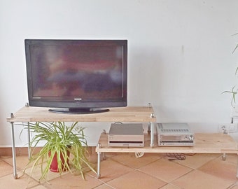 mueble tv multimedia extensible en madera maciza y varillas roscadas, soporte tv audio hifi rack, tv hifi low board, tv hifi mobel regal, shabby