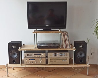 Meuble hifi multimedia en bois massif et tiges filetees, meuble tv bois / metal, hifi audio rack stand, vynil hifi storage, meuble tv design