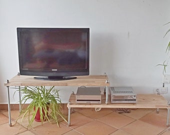 meuble tv multimedia extensible en bois massif et tiges filetees, tv audio hifi rack stand, tv hifi low board, tv hifi mobel regal, shabby