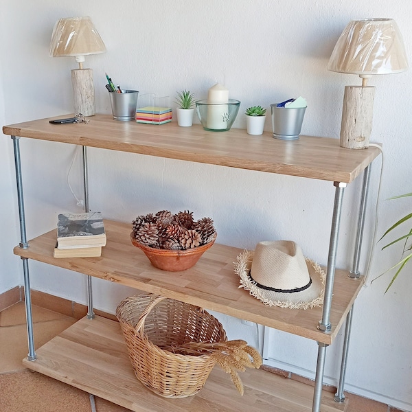 Console d'entree en bois massif et tiges filetees, solid wood hall shelves, console design industriel, meuble hall d'entree   bois et metal