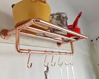 Copper kitchen shelf with utensil holder, 5 copper hooks included, kupfer küchenregal, copper pot and pan rack, copper kitchen decor