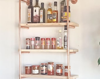 copper and wood shelves, wooden kitchen shelves, copper kitchen shelves, wooden kitchen cabinet, wooden floating shelves