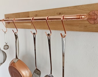 Copper kitchen utensil holder with 5 hooks included, industrial style copper kitchen decor, hanging pot and pan rack
