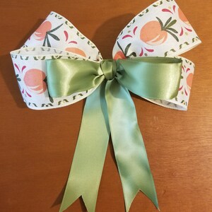 May include: A green satin ribbon bow with a white and peach patterned ribbon tied around it. The bow is tied in a classic bow shape with two tails.