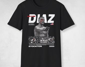 May include: A black short-sleeve t-shirt featuring a graphic print of Nate Diaz. The design includes the text "NATE DIAZ", "LIGHTWEIGHT", "WELTERWEIGHT", and "STOCKTON", along with a small American flag, a portrait, and three smaller action photos.