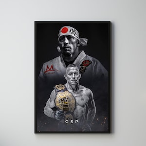 May include: Black framed poster featuring a grayscale portrait of a man in a martial arts uniform, with a headband and a championship belt. The poster has the initials "GSP" at the bottom.