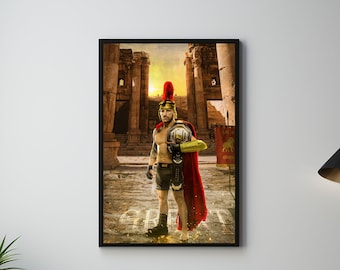 May include: A man dressed as a Roman gladiator stands in a stone building with a golden championship belt around his waist. He is wearing a red cape and a helmet with a red plume. The text "GREAT" is visible on the ground.