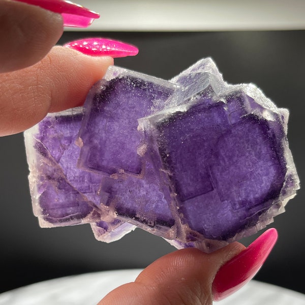 Stunning! Deep Dark Purple Cubic Fluorite Cluster With Zoning and Sugary Calcite Druzy Coating - China - Genuine - Natural - High Grade