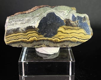 May include: A layered stone specimen with bands of yellow, black, and brown. The stone has a dark blue and green section, and is displayed on a clear acrylic stand. The stone's texture and color variations are prominent.