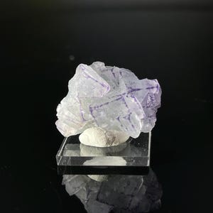 Peut inclure: Un groupe de cristaux de fluorine violets et verts sur un support transparent. Les cristaux ont une apparence translucide et sont disposés dans une forme naturelle et organique.