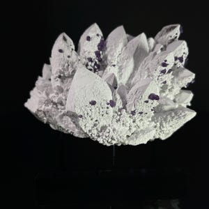 Peut inclure: Un grand amas de cristaux blancs avec des accents violets. Le cristal est sur un support noir.