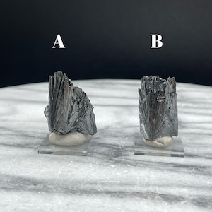 May include: Two black, crystal-like formations on white pedestals against a black background. The formations are labeled "A" and "B".