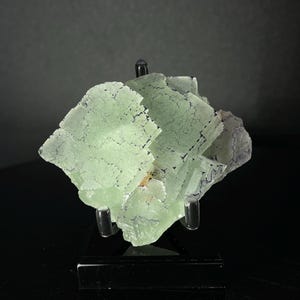 Peut inclure: Un amas de cristaux de fluorine verte avec des veines violettes, présenté sur un support noir.