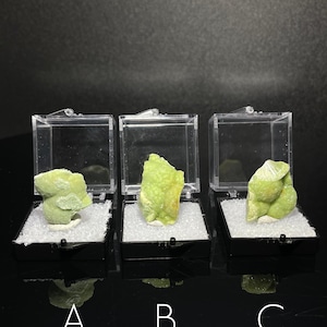 May include: Three small green mineral specimens in clear plastic display boxes labeled A, B, and C. The specimens are a light green color and have a rough, crystalline texture.