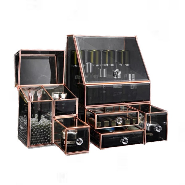Luxury Glass Makeup Organizer For Vanity, Cosmetic Storage Organizer With Brush Holder, Glass Cosmetic Display Case, Office Desk Storage Box