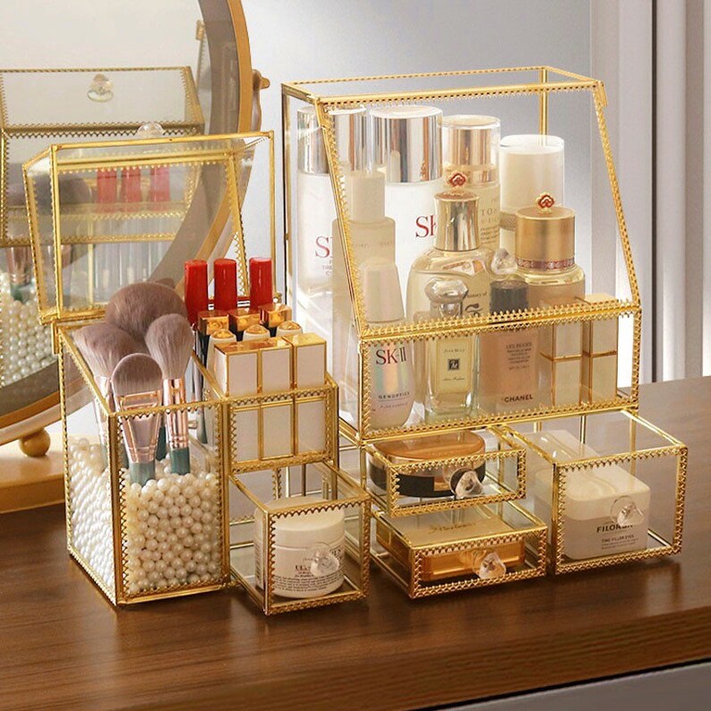 Large Glass Makeup Organizer Drawer Set Beauty Storage Etsy