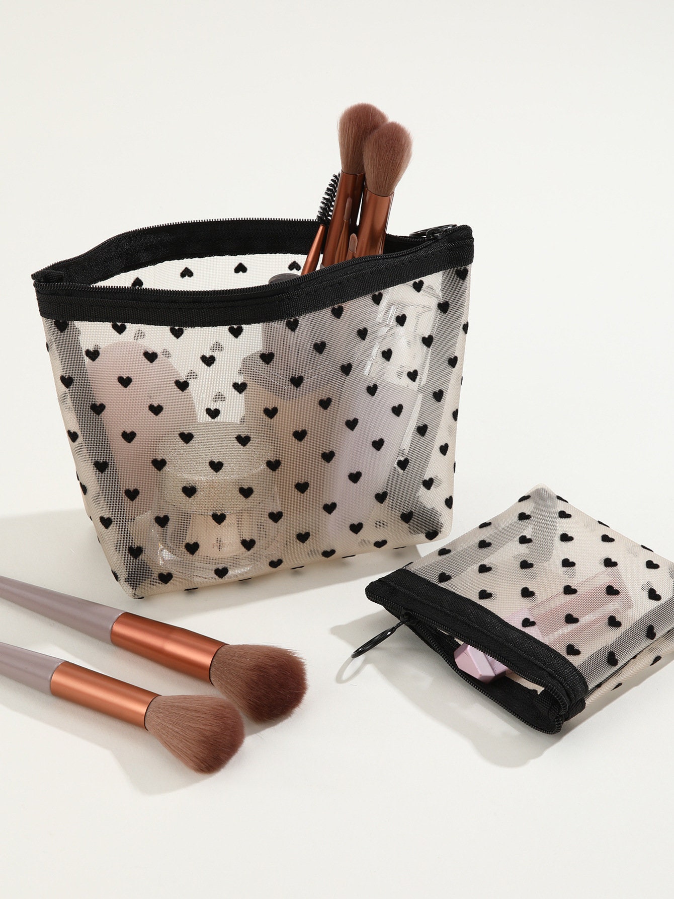 5 Pieces Heart Mesh Makeup Bags Set Portable Travel Toiletry Bag