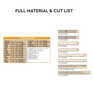 May include: A full material and cut list for a woodworking project. The list includes the type of wood, dimensions, and quantity needed for each piece. The list also includes hardware and other materials needed for the project.