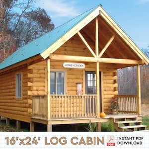 16&#39; x 24&#39; Tiny Cabin DIY Plans | 385SF Log Cabin Architectural Blueprint PDF