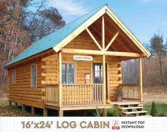 May include: A 16' x 24' log cabin with a green roof and a porch. The cabin has a sign that says "Honeycreek" above the door. The cabin is surrounded by trees and grass.