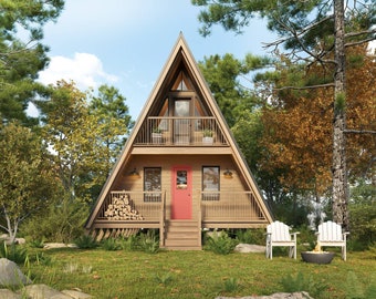 Traditional A-Frame Cabin Architectural Build Plans PDF | 22'x36'