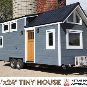 May include: A gray and white 8' x 24' tiny house on wheels with a black roof, a wooden door, and multiple windows. The house is parked in front of a red brick building. The text "8' x 24' Tiny House" is printed below the image. The text "Instant PDF Download" is printed in the bottom right corner of the image.
