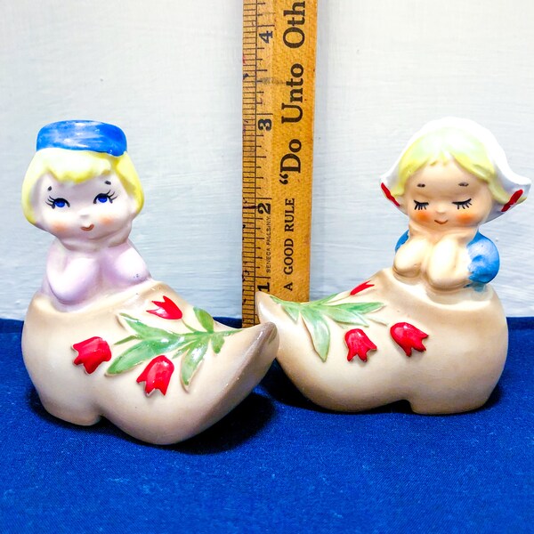 Lefton's Cute Dutch Boy and Girl in Clogs with Tulips - Red Label Japan - Salt & Pepper Shakers - Vintage