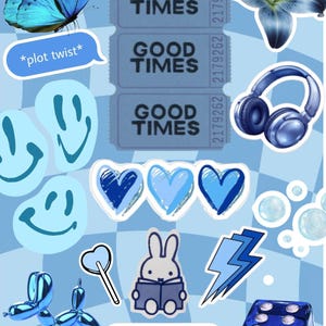 May include: A collage of blue-themed stickers and illustrations. Includes a butterfly, smiley faces, hearts, a rabbit reading a book, headphones, a lightning bolt, and dice. Text includes "Good Times", "*plot twist*", and "I love my Kindle".