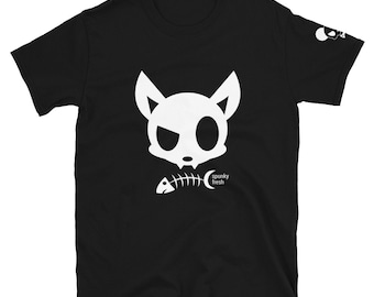Skull Cat - Black T-Shirt, Cartoon Urban Streetwear Pop Art
