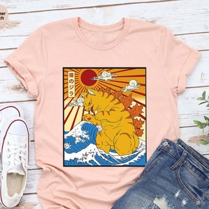 Catzilla Shirt, Synthwave Cat Shirt, Vaporwave Cat Shirt, Great Wave of Kanagawa, Japanese Cat Shirt, Retro Aesthetic Shirt, Japanese Kawaii