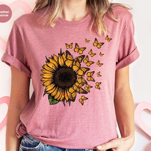 Cute Sunflower T-Shirt, Butterfly Crewneck Sweatshirt, Sunflower Graphic Tees, Floral Shirts for Women, Gifts for Her, Mothers Day Gift