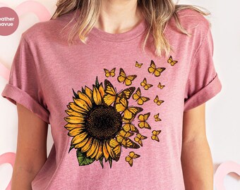 Cute Sunflower T-Shirt, Butterfly Crewneck Sweatshirt, Sunflower Graphic Tees, Floral Shirts for Women, Gifts for Her, Mothers Day Gift