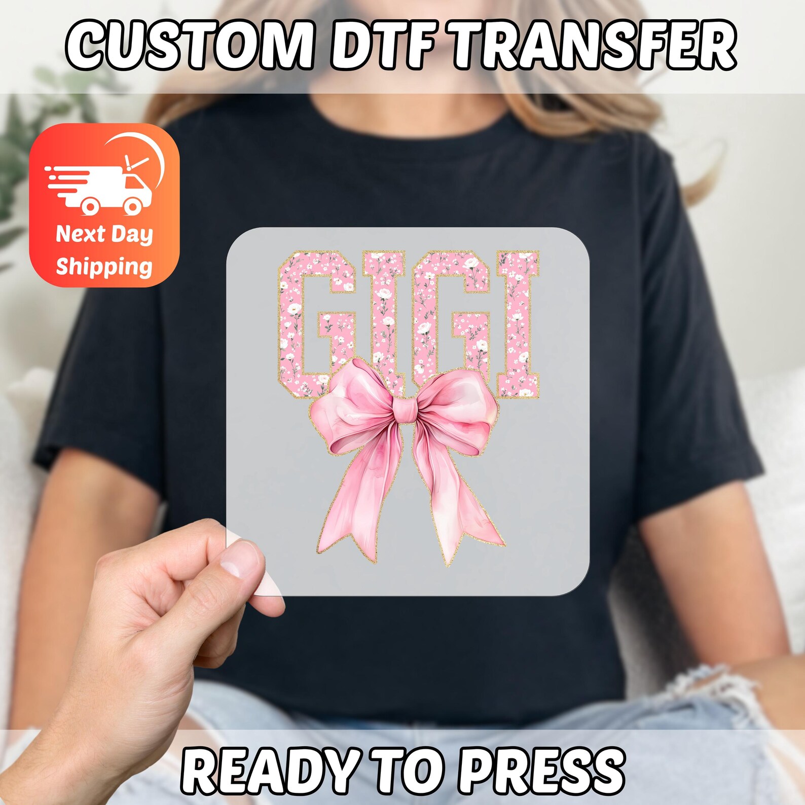 Cute Boho Chic Gigi DTF Transfer Floral Pink Bow Ready to Press Iron-on ...