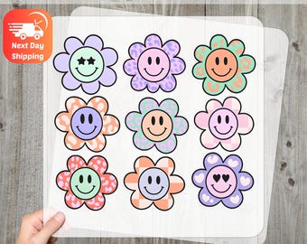Retro Smiley Face Flowers DTF Transfer for Cute Group Shirts, Fun Festival Apparel, Ready to Press Iron-On Design