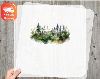May include: A DTF transfer sheet featuring a watercolor forest scene with green and brown trees. The text "CUSTOM DTF TRANSFER" and "READY TO PRESS" are displayed. The image also includes a "Next Day Shipping" icon.
