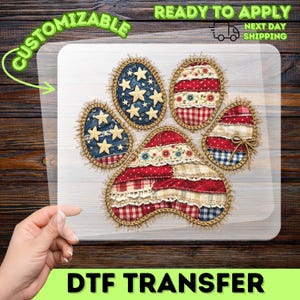 Lapptäcke tassavtryck amerikansk flagga DTF-överföring, självständighetsdagen strykdekal, vintage quilt redo att pressas för husdjursälskare