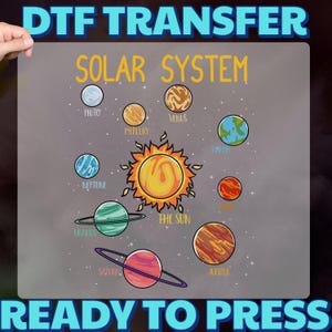 May include: A DTF transfer sheet featuring a colorful illustration of the solar system. The design includes the sun and planets like Mercury, Venus, Earth, and Jupiter, with the text "READY TO PRESS".