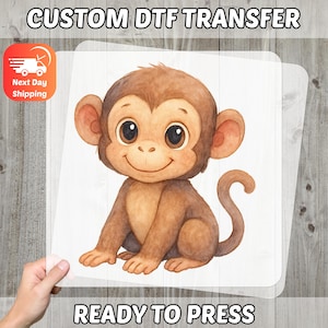 Cute Cartoon Monkey DTF Transfer for Kids Apparel & Nursery Decor, Ready To Press, Watercolor Animal Design