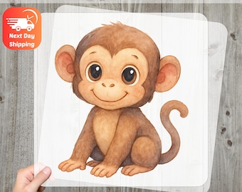 Cute Cartoon Monkey DTF Transfer for Kids Apparel & Nursery Decor, Ready To Press, Watercolor Animal Design