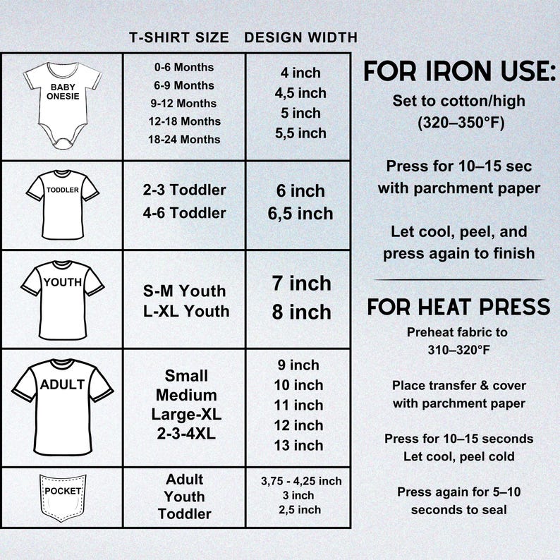 The image is a T-shirt size design with various age groups and corresponding shirt sizes. It provides a visual guide for selecting the appropriate shirt size based on the age group and the desired level of warmth.