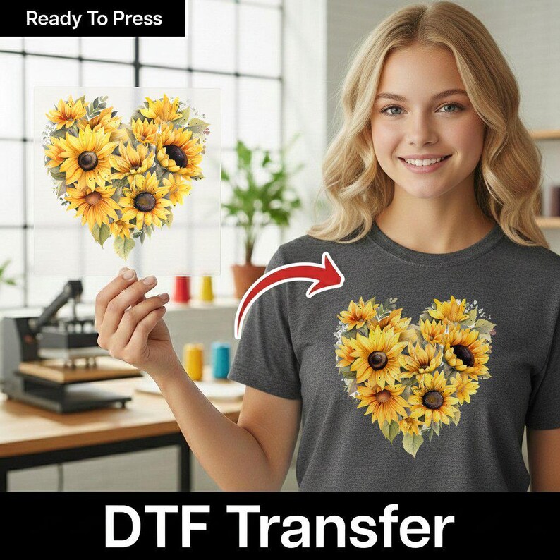Heart-Shaped Sunflower DTF Transfer, Cheerful Floral Summer Decor, Watercolor Iron-On Decal for Nature Lovers, Positive Energy Art Bild 13