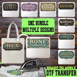 May include: A collection of rectangular labels with vintage-style borders featuring text including Cursed Elixir, Ghost Essence, Spirit Extract, Raven Ink, Midnight Oil, Cemetery, Salem Supply, Hex Powder, and Bone Powder, with a tote bag and iron.