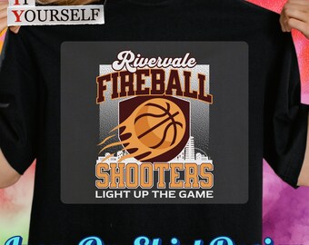 Rivervale Fireball Shooters DTF Transfer, Flaming Basketball Cityscape Design, Team Spirit Heat Press for Sports Fans