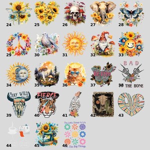 a collection of colorful and artistic images, including sunflowers, mushrooms, butterflies, and various other symbols and designs.