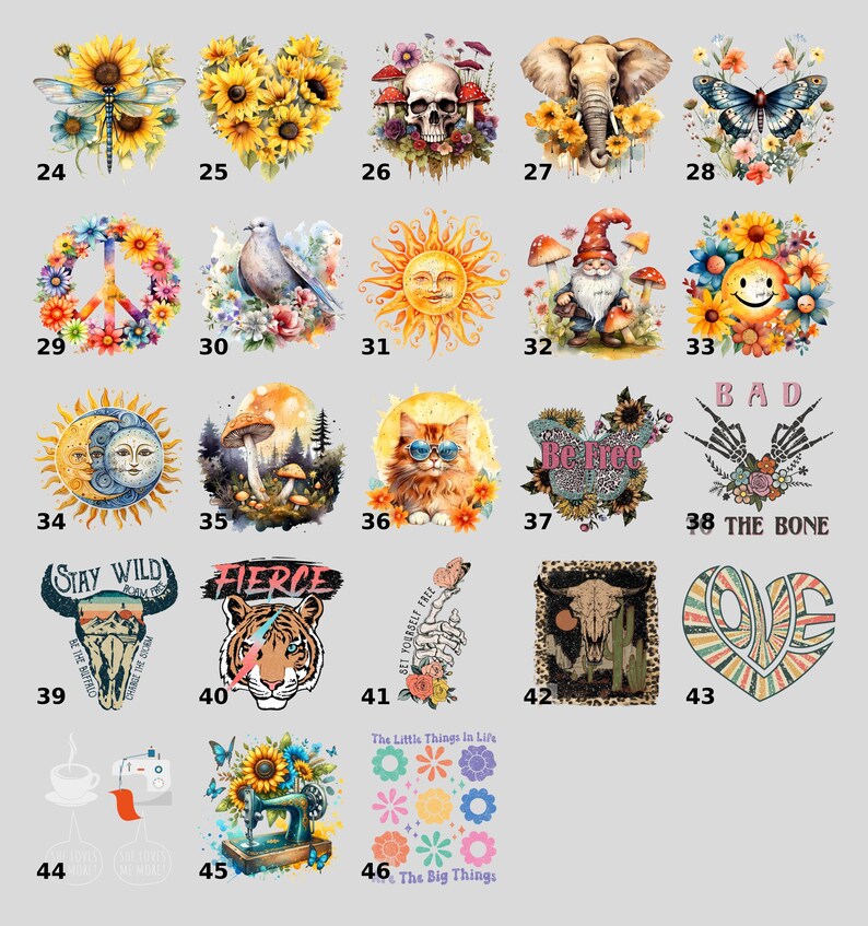a collection of colorful and artistic images, including sunflowers, mushrooms, butterflies, and various other symbols and designs.