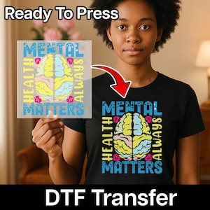 May include: A black t-shirt with the words "MENTAL HEALTH ALWAYS MATTERS" surrounding a colorful brain graphic. The image also shows a DTF transfer with the same design, and the words "Ready To Press" are at the top.