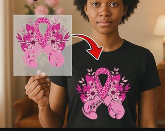 Breast Cancer Awareness DTF Transfer, Pink Floral Design, Pink Leopard Ribbon Boxing Gloves Iron On Decal, Survivor Fighter Heat Transfer