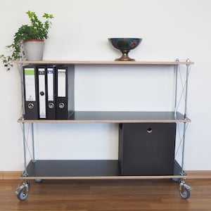 Multiplex sideboard on wheels made of wood & metal struts in black - handmade - office shelf - hallway chest of drawers