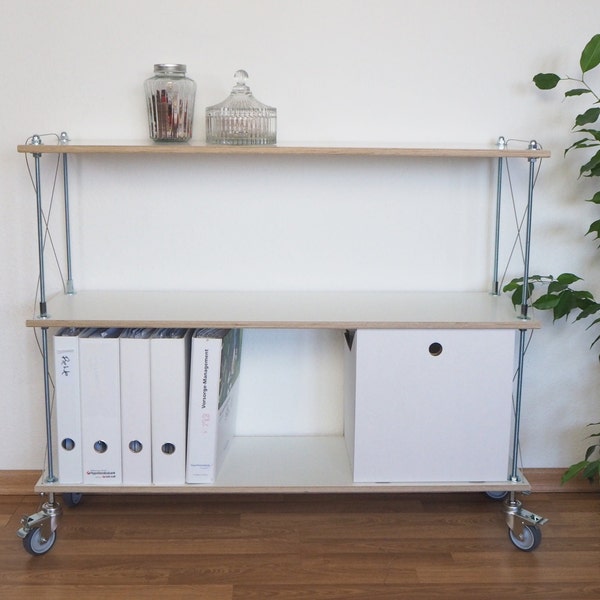 Multiplex sideboard on wheels made of wood and metal in white - handmade - office shelf - hallway chest of drawers