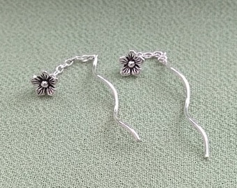 925 Sterling Silver Forget Me Not Flower Pull Through Threader Earrings + Gift Bag